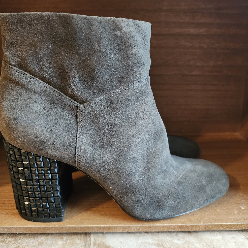 Gray Suede Ankle Boots with Studded Heel